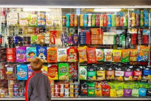 Young boy looking at supermarket shelves full of snack foods high in fat, salt and sugar